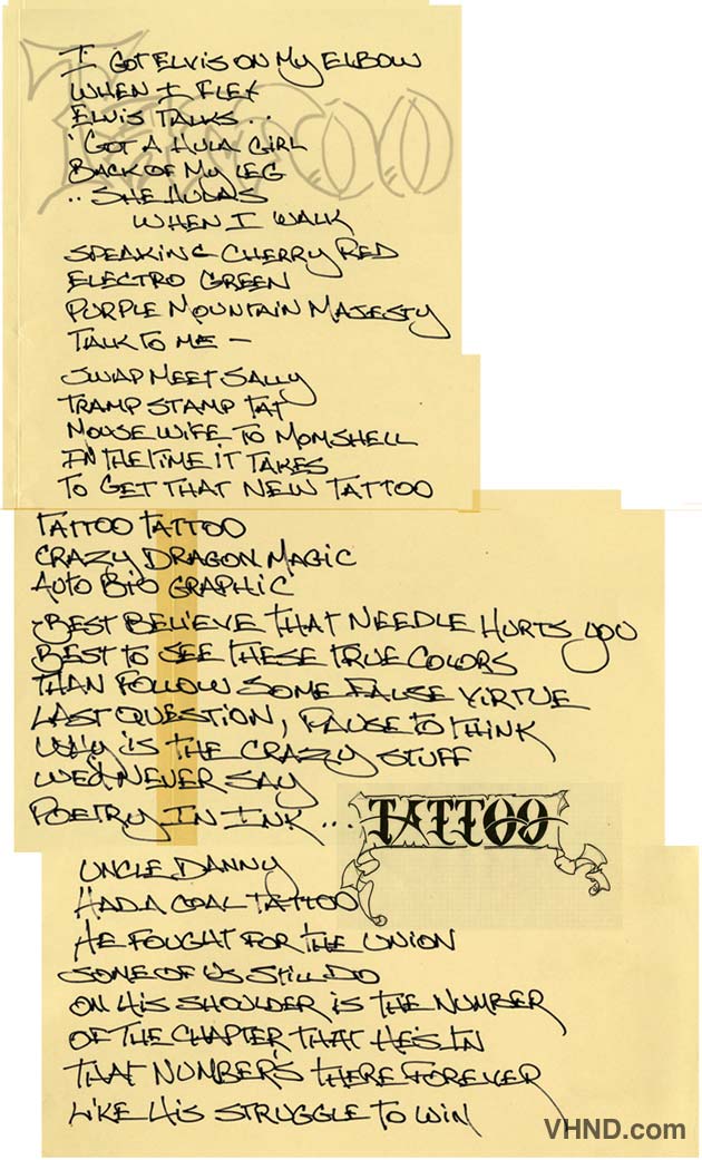 These are Roth's handwritten lyrics and graphics for Tattoo 