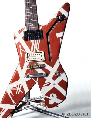 Most Van Halen fans first saw a black-and-white image of this Ibanez Destroyer on the cover of 1980’s Women and Children First. Its pickguard was removed and it was heavily modified with a Les Paul-style volume knob, a filled-in hole for the middle knob, and most notably, a rear cutaway that Eddie carved himself with a chain saw.
