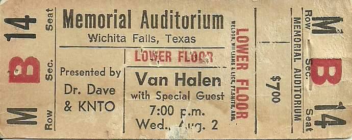 van halen ticket august 2 1978 wichita falls texas