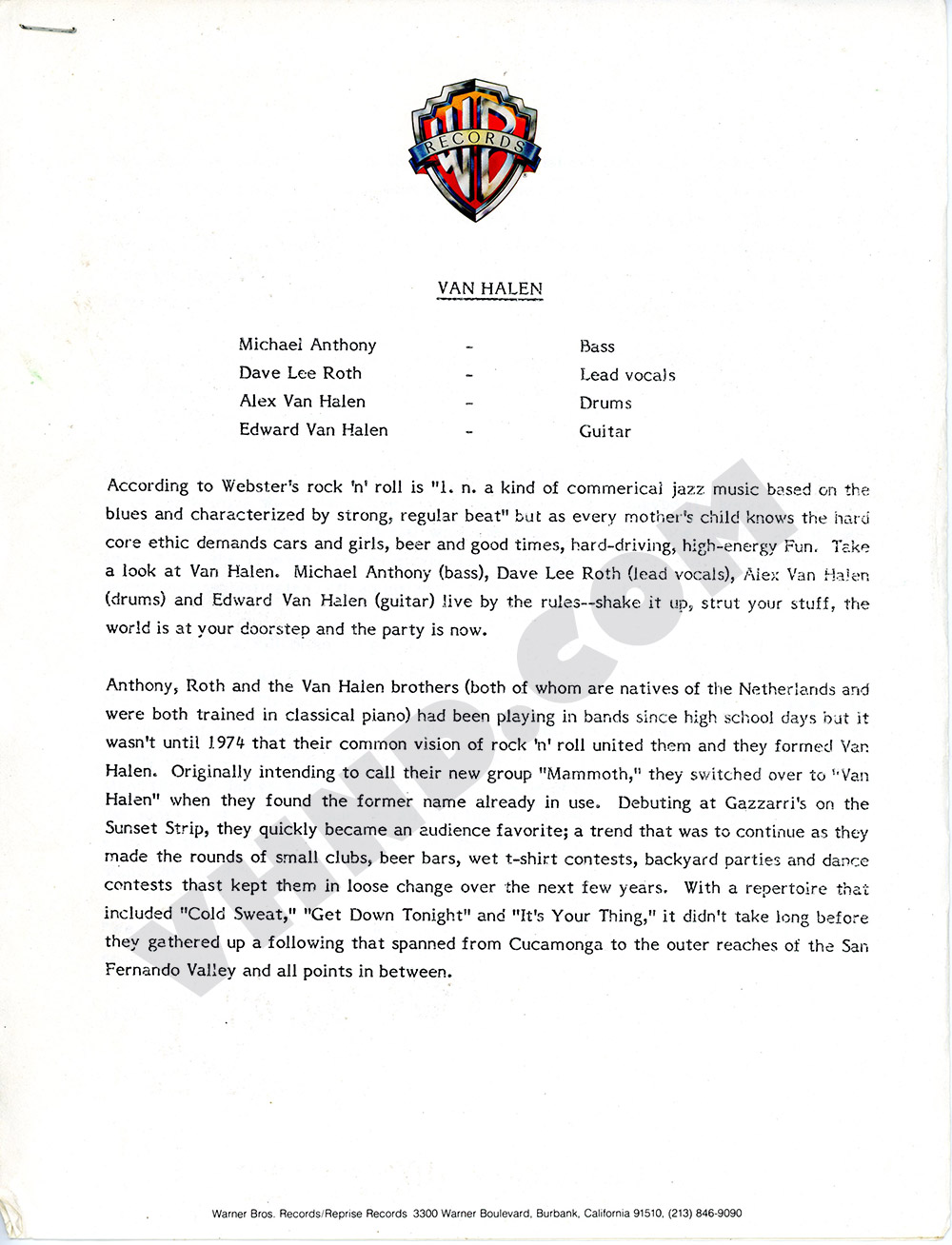 1978 Warner Bros. Bio Page for Van Halen's Debut Album Press Kit