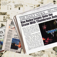 Collage of various newspapers, with the call out headline (accompanied by the Van Halen debut album cover, Van Halen Erupts Onto the Scene With Thunderous Debut Album!