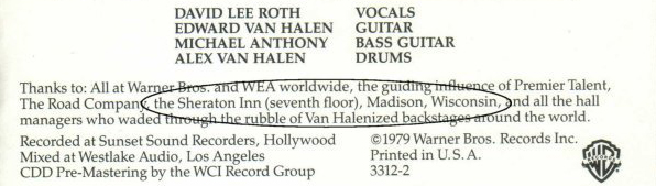 Van Halen thanks the Sheraton Hotel in liner notes of Van Halen II