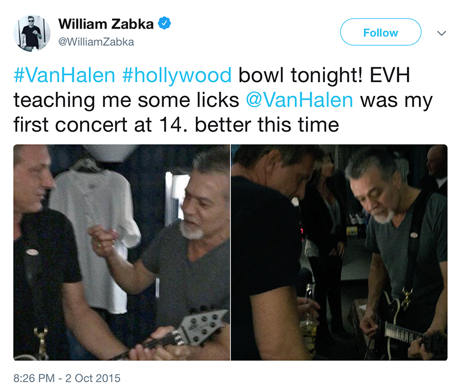 William Zabka backstage with Eddie Van Halen in 2015 William Zabka backstage with Eddie Van Halen in 2015