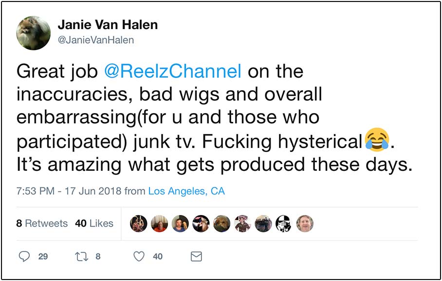 Janie Van Halen's tweet about the REELZ documentary.