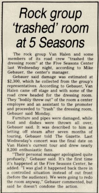 Van-Halen-newspaper-dressing-room-trashed-10:21:81-Cedar-Rapids