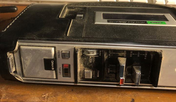 Filmer's remote cassette deck for audio to be synched with footage