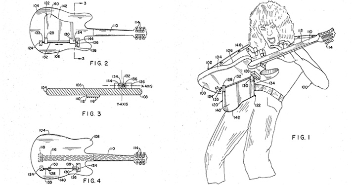 Illustration of Eddie Van Halen guitar rest patent, including it being played by Eddie.