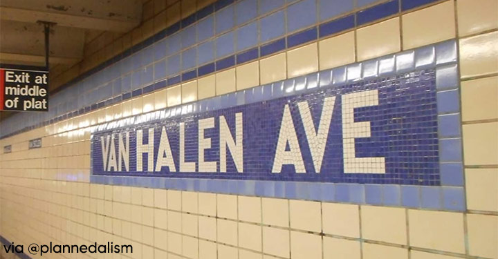 Image of NYC subway stop that reads Van Halen Ave